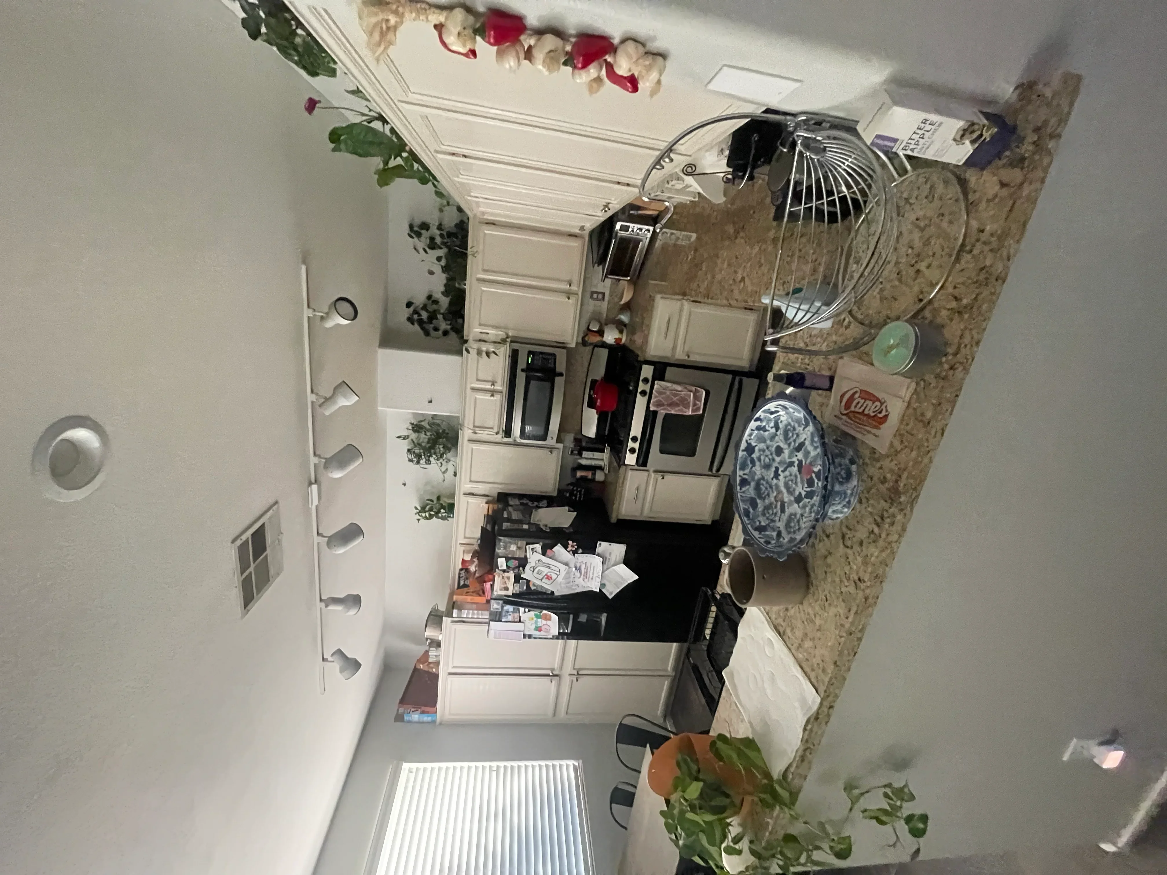 White kitchen cabinets with black countertops, stainless steel appliances, and cork flooring