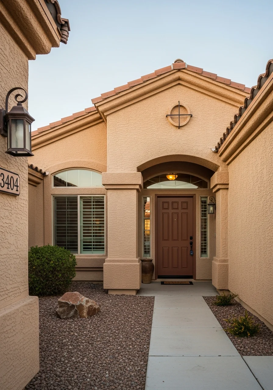 Close-up of a Boulder City home exterior showing local architectural style and well-maintained landscaping.