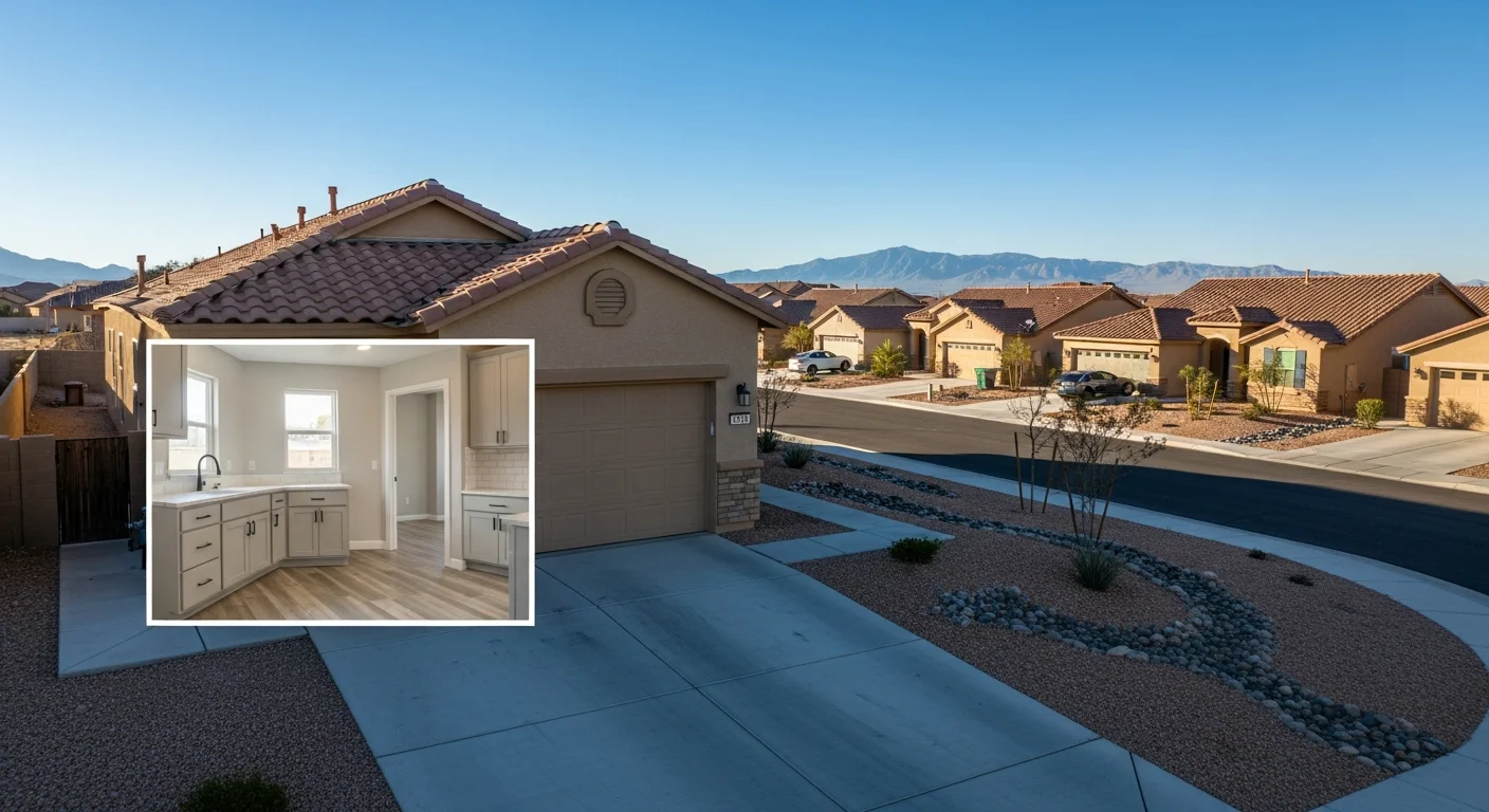 Wide view of Las Vegas valley neighborhoods with residential homes and desert landscaping under clear blue sky.