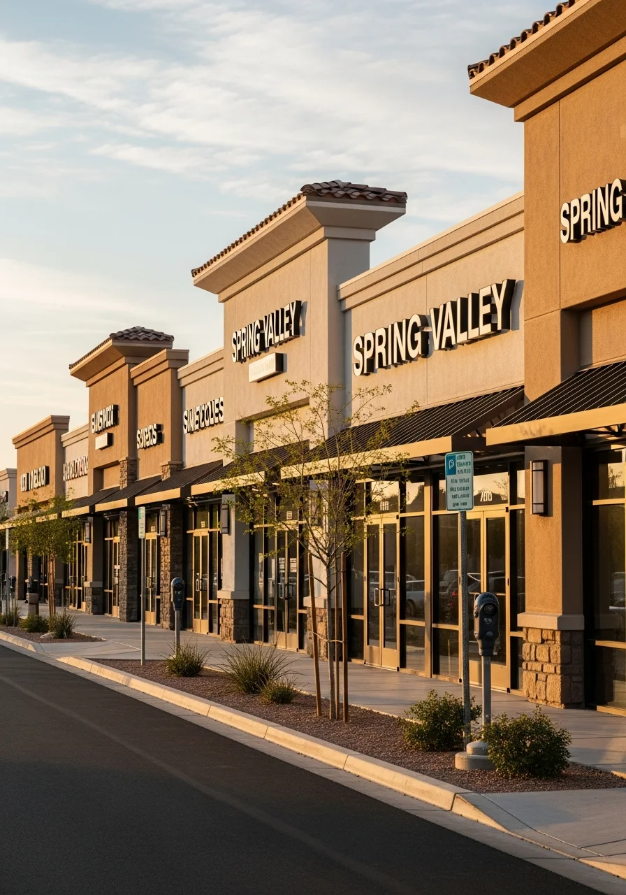 Commercial corridor in Spring Valley showing retail storefronts and business properties.