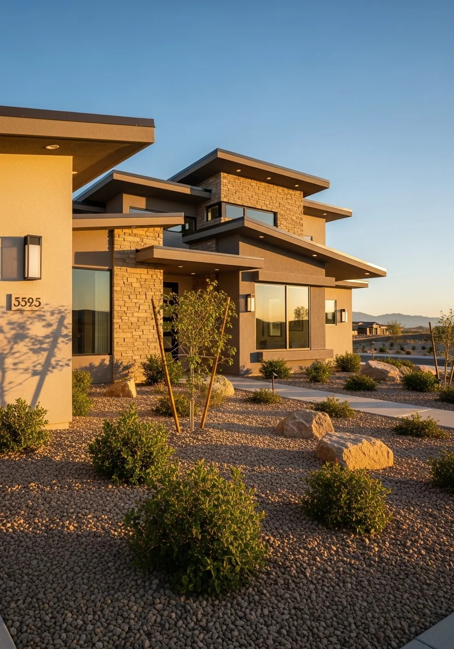 Summerlin home with contemporary design, manicured landscaping, and community amenities visible in background.