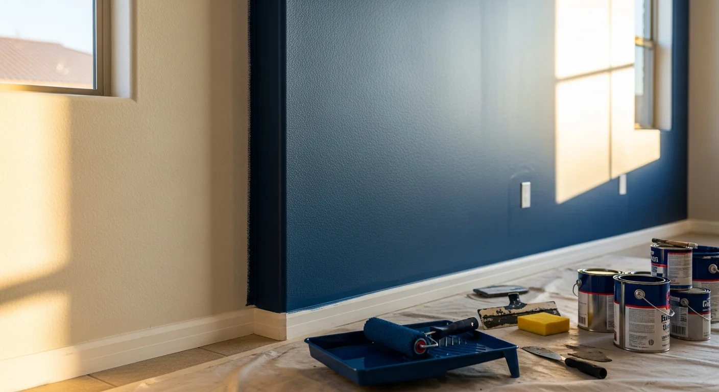 A freshly painted deep charcoal accent wall behind a bed in a Las Vegas home, with clean edge lines where the accent color meets the white trim. The room shows bright natural desert light coming through a large window, highlighting the contrast between the bold wall and the neutral surrounding walls.