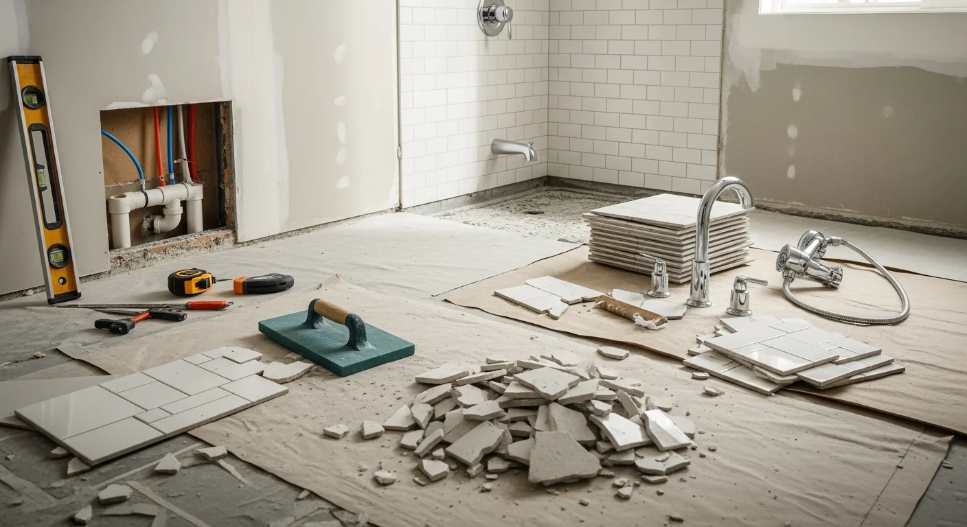 A remodeled bathroom in a Las Vegas home featuring new floor tile, an updated walk-in shower with clean grout lines, and a modern vanity with brushed fixtures. The space reflects a full renovation completed by JSV Renovations for a local homeowner.