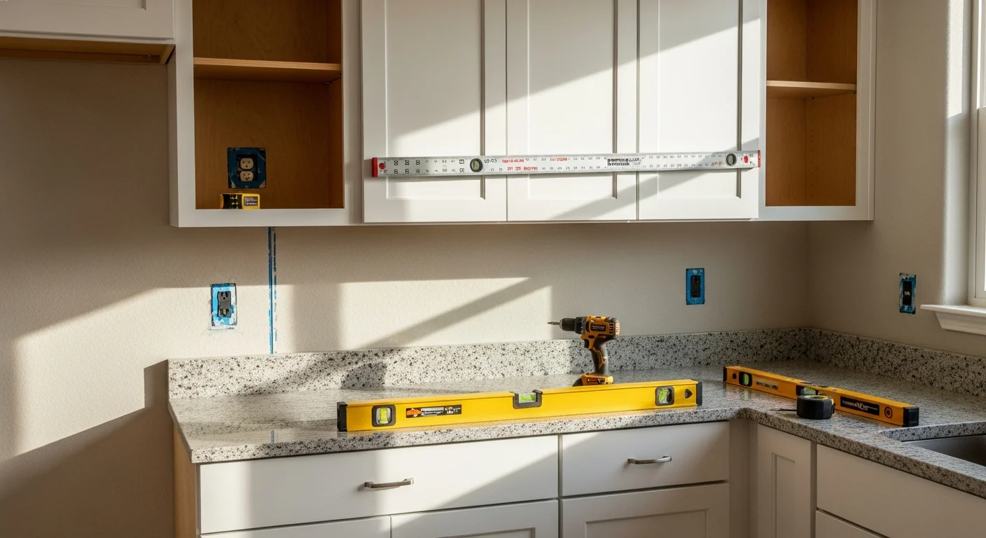 Newly installed white shaker kitchen cabinets with brushed hardware in a Las Vegas home remodeled by JSV Renovations. Upper and lower cabinets are aligned and fitted around a window above the sink area.