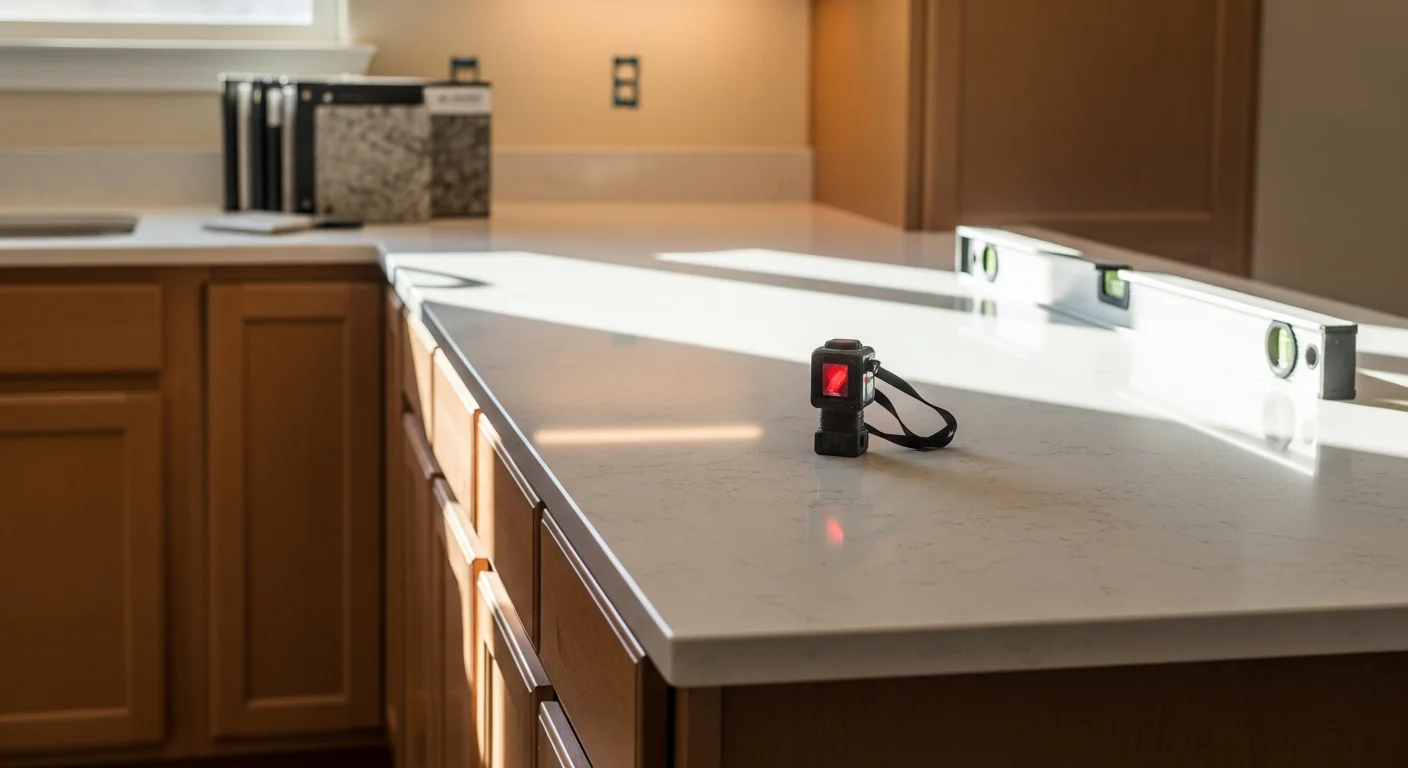 Newly installed stone countertop on a kitchen island inside a Las Vegas home, with clean edge work and an undermount sink cutout. The surface shows tight seams and a smooth finish consistent with a professional countertop installation.