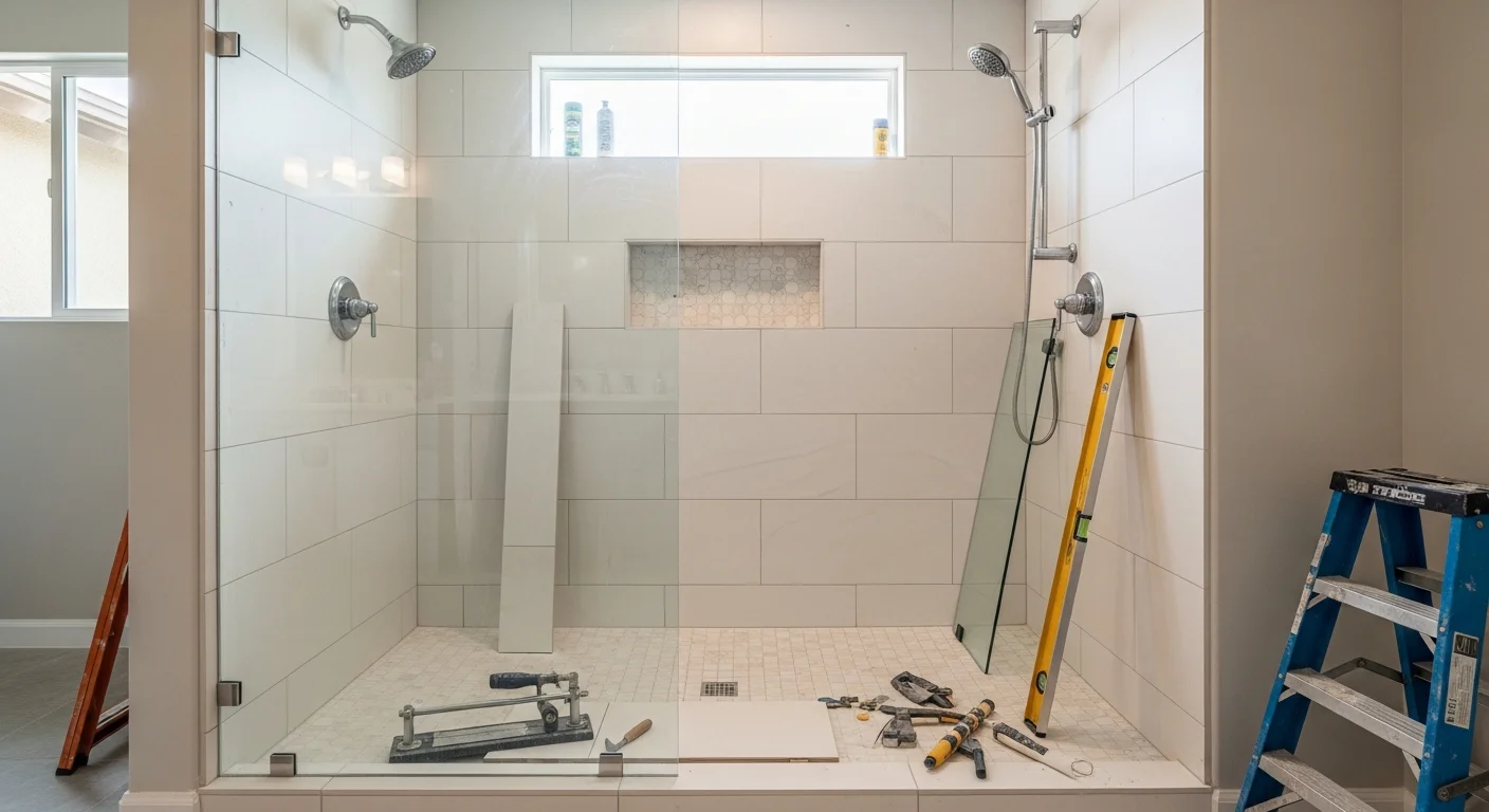 A finished custom walk-in shower installed by JSV Renovations in a Las Vegas home, featuring large-format tile walls, a frameless glass enclosure, and a curbless entry. The bathroom shows clean grout lines and modern fixtures suited to the desert climate.