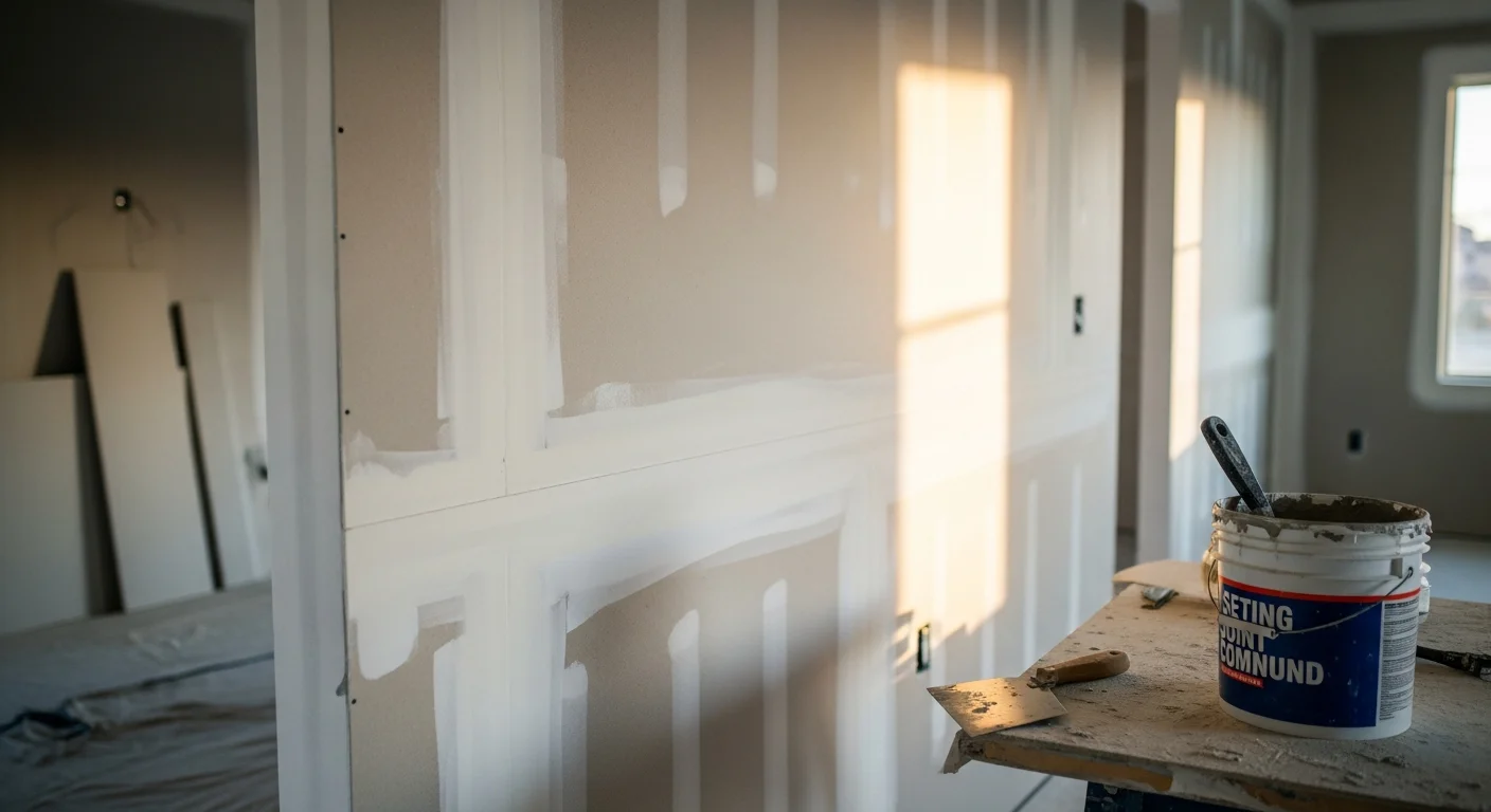 A freshly installed and finished drywall interior in a Las Vegas home, showing smooth taped seams and flat walls ready for paint. The room reflects a completed renovation with clean ceiling lines and no visible joints.