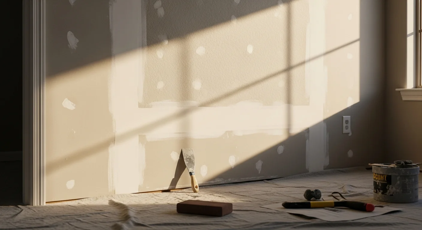 A freshly repaired and smoothed interior drywall wall in a Las Vegas home, showing a seamless patch with orange peel texture ready for paint. The repair covers a previously cracked and water-stained section near a window frame.