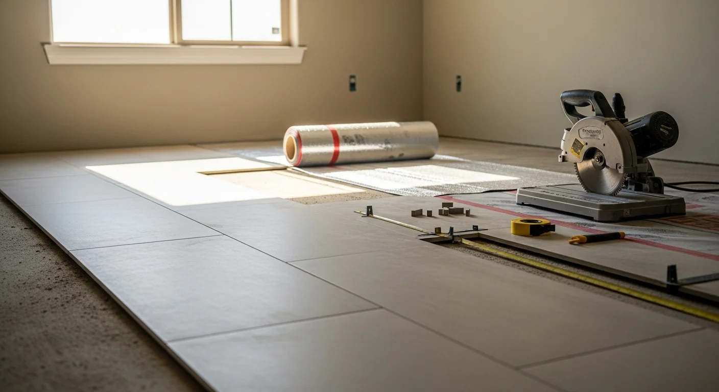 Freshly installed tile flooring in a Las Vegas residential living room with a slab foundation, showing clean grout lines and a neutral desert-toned finish. The room is empty and well-lit, highlighting the flat, even surface after professional installation.