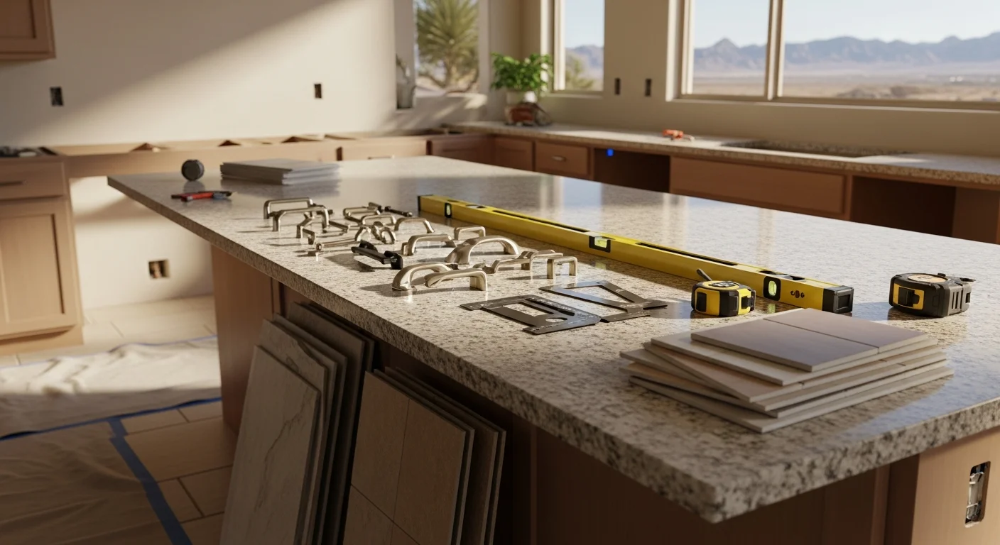 Remodeled kitchen interior in a Las Vegas home featuring updated cabinetry, new countertops, and reconfigured open-concept layout. Work completed by JSV Renovations serving the Las Vegas Valley.