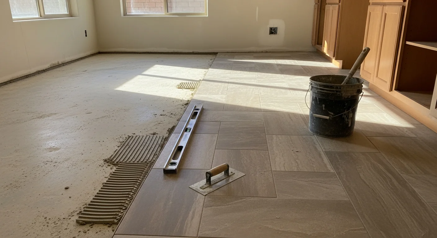 Freshly installed porcelain tile flooring in a Las Vegas home kitchen, showing clean grout lines and a level surface extending into an open living area. The tile reflects natural light coming through a south-facing window typical of desert-climate homes.